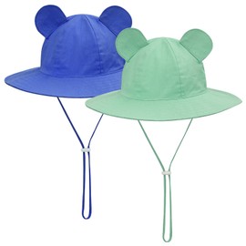 MK MATT KEELY 2 PCS Baby Sun Hat with Ears Toddlers Newborn Cotton Bucket Hat Kids Boys Girls Summer Beach Cap with Chin Strap,Navy+Green,Age 3-6 Months