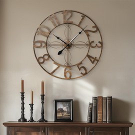 Cuspin 30 Inch Wall Clock, Large Decorative Wall Clock for Living Room, Silent Non-Ticking Battery Operated Metal Round Retro Rustic Arabic Numerals Analog Bronze Clock for Kitchen Mantel Office