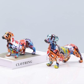 suruim Creative Painted Colorful Dachshund Dog Decoration Home Modern Wine Cabinet Office Decor Desktop Resin Crafts Miniatures Statue (11x3.7x6.7in)