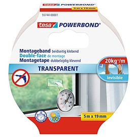 tesa Powerbond Montageband Transparent - doppelseitiges Klebeband - durchsichtiges Montage-Klebeband - transparent, 5 m x 19 mm, 1 Rolle