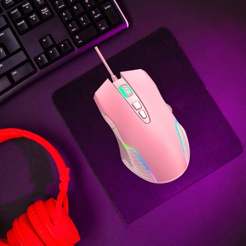 Wired Mouse Pink Ergonomic Design RGB Backlit Motion Detection 5.9ft