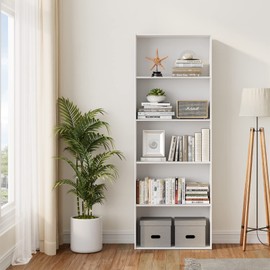 SILKYDRY 5-Shelf Bookcase, Open Storage Organizer Shelves with Anti-Tip Device, Wooden Vertical Bookshelf Tower for Bedroom Home Office, 9.5’’D x 23.5’’W x 67''H (White)