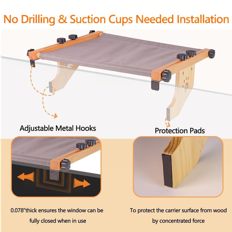 Cat Window Perch - Drill-Free Adjustable Sill Hammock, Sturdy Wood