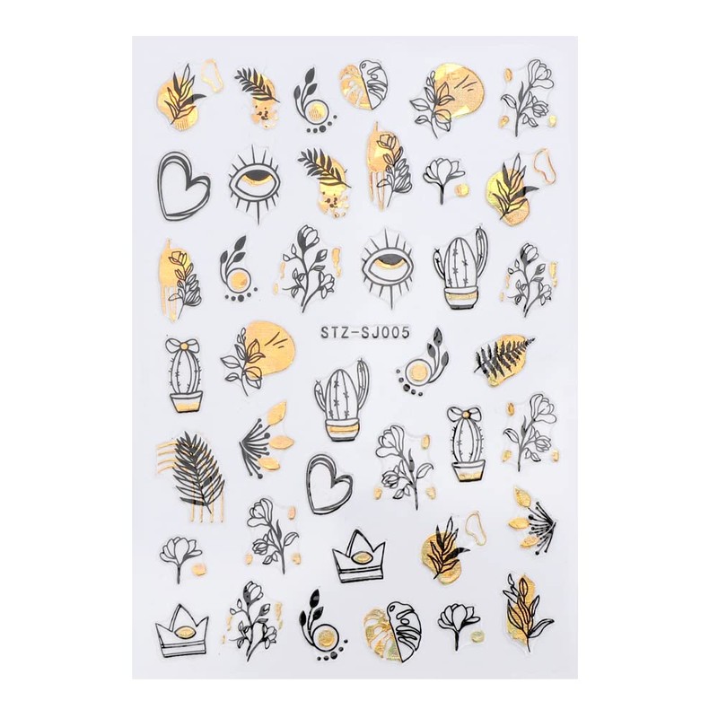 LANODO 2038 Nail Stickers, 9 Pieces, 3D, Black, Gold, Art,