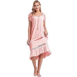 Nanxson Women's Vintage Nightgown Short Sleeve Nightdress Lace Victorian Nightwear Lounge Dress (XX-Large, Pink)