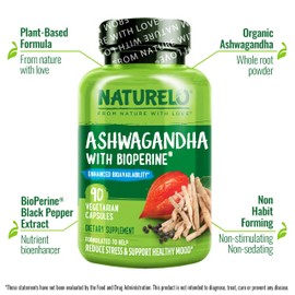 NATURELO Ashwagandha Organic Root Powder - Natural Herbs Supplement for Fatigue, Stress Relief, Mood Enhancer - with Black Pepper Extract - 90 Vegan Capsules