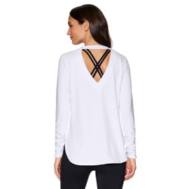 RBX Yoga Top for Women with Cut Out Back, Lightweight French Terry Long Sleeve Open Back Pullover for Casual Wear, Workouts White S