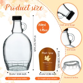 Maxdot 12 Pcs 8 oz Glass Maple Syrup Bottles Clear Reusable Glass Bottles with Lids, Loop Handle and 12 Pcs Maple Syrup Stickers Clear Jars Container for Oil Sauce Milk Juice Storage Gift