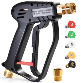 TOOLCY Short Pressure Washer Gun with 5 Nozzle Tips, 4000 PSI 7 GPM High Power Washer Spray Gun, 1/4” Quick Connector Coupler, M22 14mm Inlet and M22 15mm Adapter Compatible with Foam Cannon