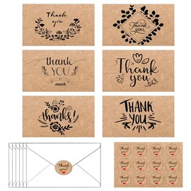 12 Packs Thank You Cards with Envelopes and Thank you Stickers Multipack of Watercolor Thank You Greeting Cards for Wedding, Graduation, Teacher, Family, Birthday, Baby Shower (Kraft Paper)
