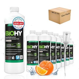BiOHY Bodenreiniger f√ºr alle Wischroboter mit Orangenduft (12 x 1 Liter) + Dosierer | Schaumarm & Streifenfrei | Reinigungsmittel Konzentrat f√ºr alle B√∂den