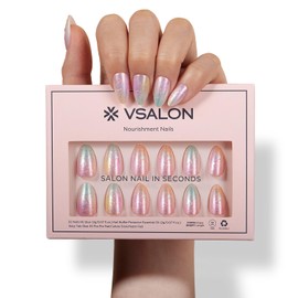 VSALON Short Almond Press-On Nails - Watercolor Marble Texture Nails, Reusable Fake Nails with Nail Glue, Protector Cuticle Oil, Easy Tabs & Mini Nail File - 32 PCS in 16 Sizes (Colorful Blossom)