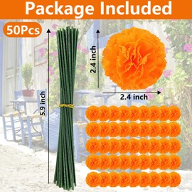 Veramz 50Pcs Marigold Flowers Dia De Los Muertos Decorations Silk Marigold Flowers Heads Bulk Fake Artificial Flowers for Day of The Dead Decorations DIY Marigold Garland Making Wreath Decor