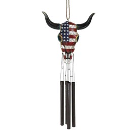 Ebros Gift Large Rustic Western Patriotic Tribal Bison Bull Cow Skull with US American Flag and Turquoise Beads Decorative Wind Chime Garden Patio As Wildlife Hanging Mobile Figurine