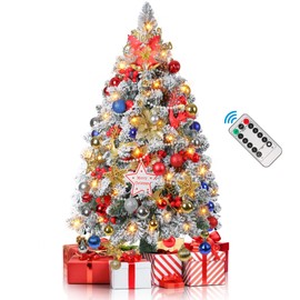 3FT Snow Flocked Christmas Tree, Mini Artificial Christmas Tree with 200 Lifelike Branches and 80 LED Lights, 36 Inches Prelit Christmas Tree with 108 Ornaments, Small Xmas Tree for Holiday DIY Decor
