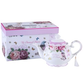 Tea Pots, Large Teapot Milk Jug Sugar Bowl Afternoon Tea Set Teapots Set New Bone China Vintage Flora Gift for Her 1300ml (Teapot Bird Rose Butterfly)