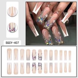 24pcs Flower Press on Nails Long Square Fake Nails White Glitter with Gradient designs French Tip Acrylic Nails Glossy Glue on Nails Floral Rhinestone Artificial Nails False Nails for Women Holiday