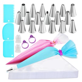 100 Pcs Piping Bags and Tips Icing Piping Set,2 Reusable Coupler with 18 I-CING Frosting Nozzles 3 I-CING Scrapers Baking Supplies