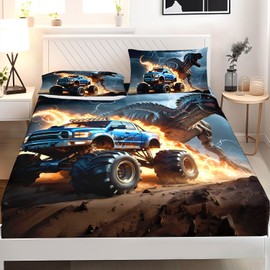 AILONEN Boys 3D Dinosaur Fitted Sheet Queen Set Size,Monster Truck Black Sky Lightning Roaring Dinosaur Bed Sheet Set for Kids Teen,3 Pieces Dinosaur Printed Fitted Sheet with 2 Pillowcases
