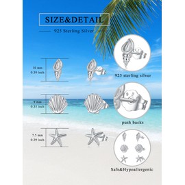 Lypic 3 Pairs 925 Sterling Silver Starfish Seashell Clam Conch Shell Earrings Women's Beach Stud Earrings Ocean Jewelry for Women Teen Ocean Lover