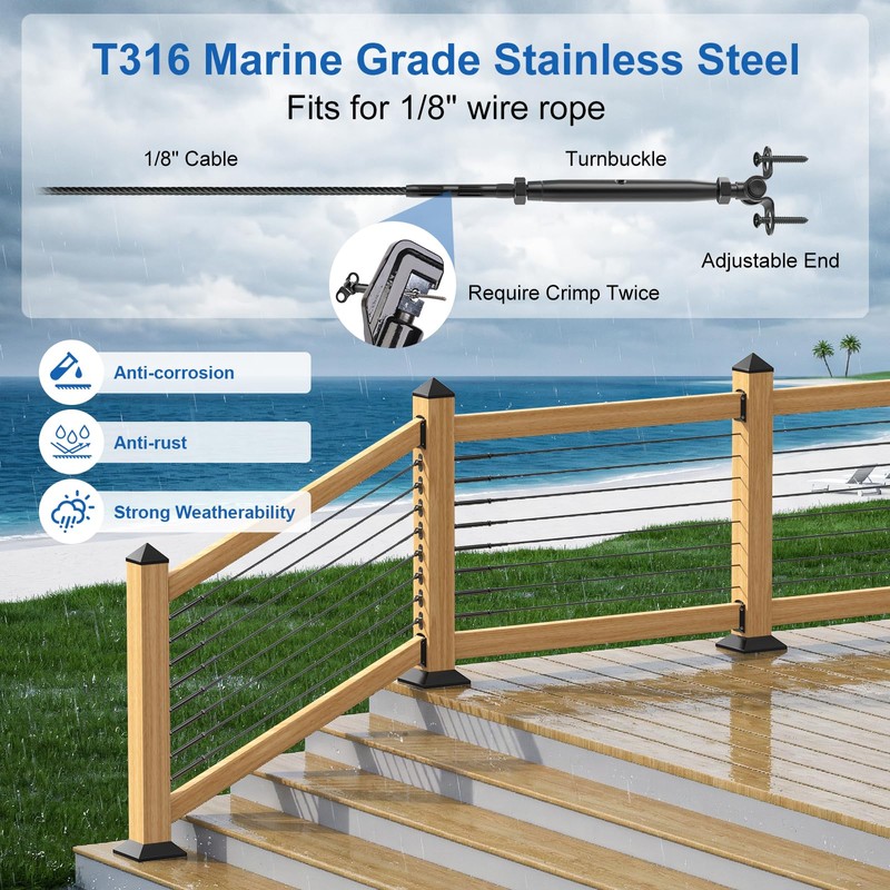 PLANTOP 20 Pairs 1/8" Black Cable Railing Kit, T316 Stainless