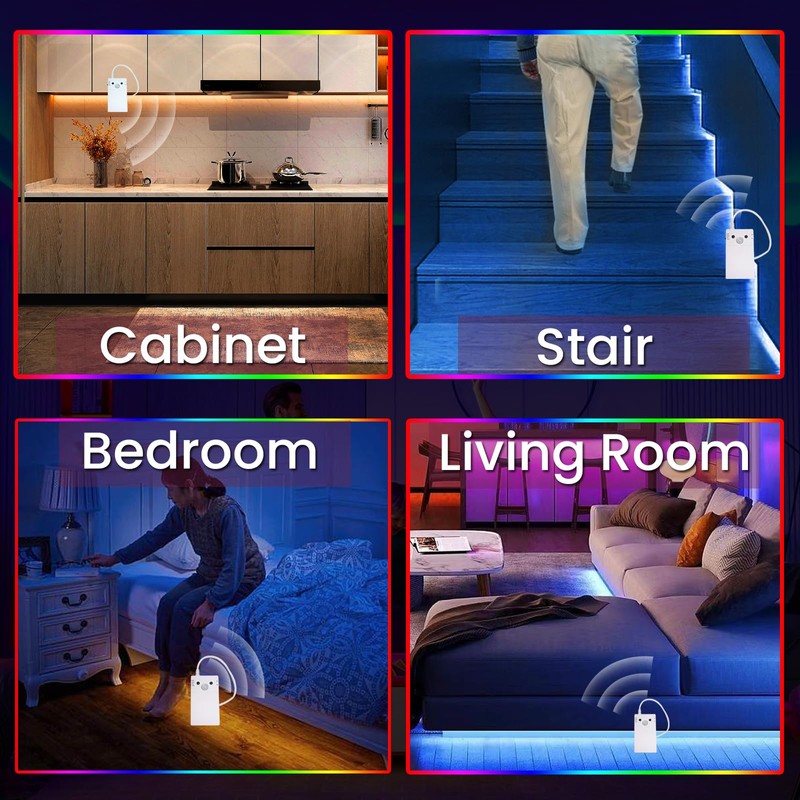 3.3FT Motion Sensor LED Strip Lights with Remote/4Mode, RGB &