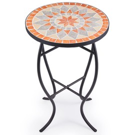 VONLUCE Mosaic Side Table and Plant Stand, 21" Round End Table with 14" Ceramic Tile Top, Indoor and Outdoor Accent Table, Porch Patio Furniture, Entryway & Coffee Table for Home & Garden, Quilt Star
