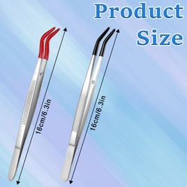 2 Pcs Tweezers Curved Bent Tip Craft Tweezers with Rubber Tips PVC Coated Long Stainless Steel Tweezer Metal Sticker Tweezer for Lab Jewelry Craft Tool Making DIY Crafting Stamp Red and Black