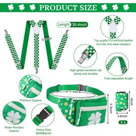 10 Pcs St. Patrick's Day Accessory Set Shamrock Fanny Pack with Drink Holder Suspenders Shamrocks Short for St. Patrick Party(Clover,XXL)