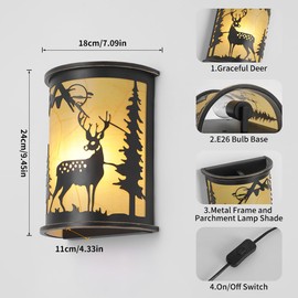 Plug in Wall Sconces Set of 2,Rustic Indoor Industrial Wall Lamps Fixtures,Parchment Farmhouse Wall Light,Black Matte Metal Deer Sconce Lamp for Bedroom,Living Room,Hallway,Stairway,Headboard,Porch