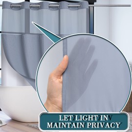 Conbo Mio No Hook Waffle Weave Shower Curtain with Snap in Liner Set, Hotel Luxury Grey Shower Curtains for Bathroom with See Through Top Window, Waterproof, Washable 71W x 74H