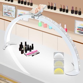 BeeMingle Large Half Moon Light for Nail Desk Lamp with Phone Holder, 29in Foldable Nail Tech Arch Desk Lamp 3000-6500K for Manicure Table, Salon, Nail Desk Light with Crystal Diamond(White 2)