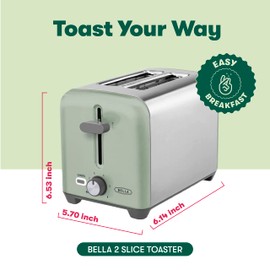 BELLA 2 Slice Toaster, Quick & Even Results Every Time, Wide Slots Fit Any Size Bread Like Bagels or Texas Toast, Drop-Down Crumb Tray for Easy Clean Up, Stainless Steel and Sage