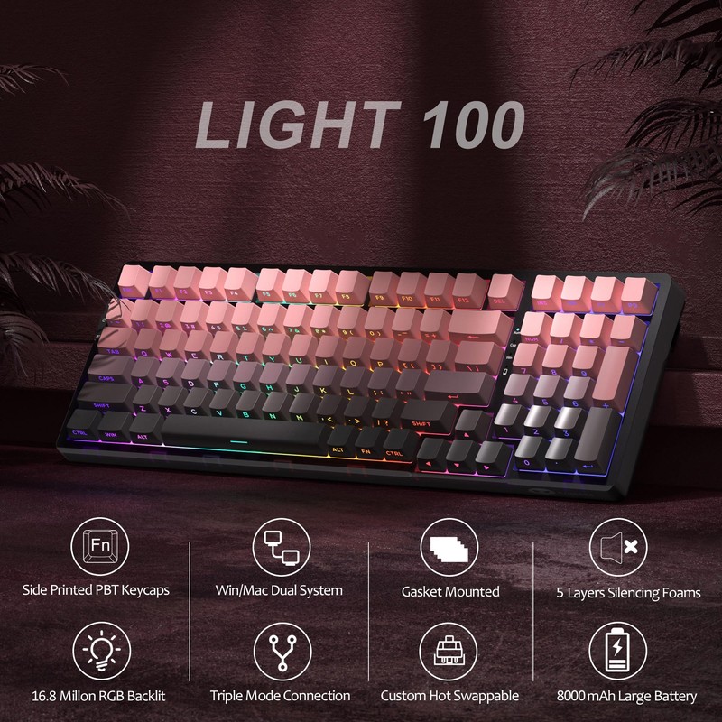 MageGee LIGHT100 Wireless Creamy Keyboard, Gasket Structure Hot Swappable, 2.4G/USB-C/BT5.0