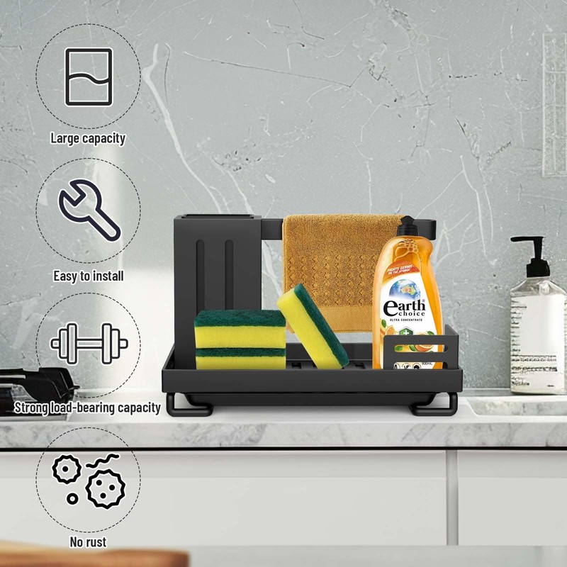 Pavlleen Sink Organiser with Drain Pan, Sink Caddy, Black Kitchen