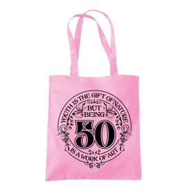 Dead Set Studio 50th Birthday Tote Bags, 50th Birthday Bag for Women Born in 1975, Funny & Stylish 50th Gift Bag for 50 Year Old Women CLASSIC PINK