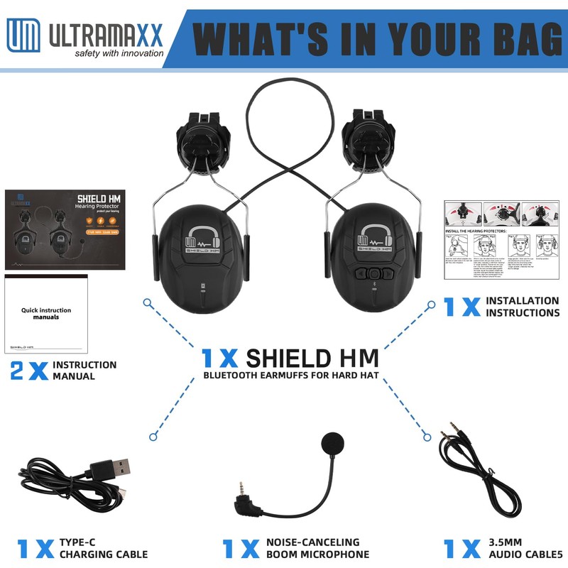 UM ULTRAMAXX Bluetooth Hard Hat Ear Muffs, NRR 27dB Helmet