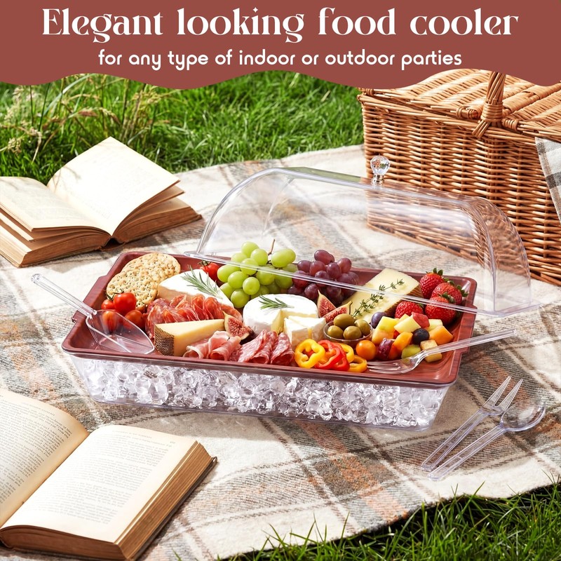 16" x 9" Chilled Serving Tray with lids,Walnut,1 Set