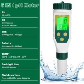 PH Meter Water, Aideepen PH/EC/TDS/Salinity/Thermometer 5-in-1 pH Value Meter with Automatic Temperature Compensations, High Precision PH Tester for Spa, Drinking Water, Pool