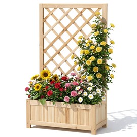 Wooden Raised Garden Bed with Trellis, 40" Outdoor Planter Box for Climbing Plants, Vertical Natural Wood Garden Planter for Vegetables, Flowers & Vines, Lattice Plant Support for Patio Yard Balcony