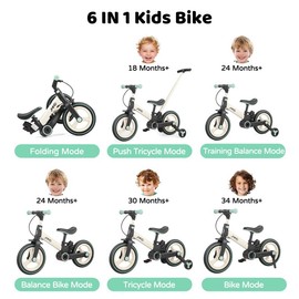 JMMD 6-in-1 Toddler Balance Bike for 18-60 Months With Training Wheels Pedals Push Handle Brakes Kickstand Ride-On Toy Gift Boys Girls:_Mint