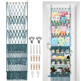 iHansee 5 Tier Stuffed Animal Storage Shelf Net, 17x61 Inch Large Plushie Net w/LED Light & Clips for Mini Medium Stuffy Teddy, Aqua Boho Macrame Wall Toy Holder Display for Nursery Kids Girls Boys