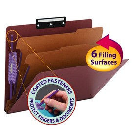 Smead Pressboard Classification Folder with SafeSHIELD Fasteners, 1/3-Cut Flat Metal Tab, 2 Dividers, 2" Exp., Letter Size, Red, 10 per Box (14230)