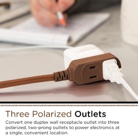 Cordinate Designer 3-Outlet Extension Cord, 2 Prong Power Strip, Extra Long 8 Ft Cable with Flat Plug, Braided Chevron Fabric Cord, Slide-To-Lock Safety Outlets, Solid Brown, 39982