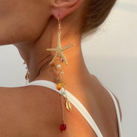 Starfish Earrings For Women Gold Statement Drop Dangle Crystal Pearl Bead Shell Pendant Trendy Beach Jewelry Gift For Her Summer Wedding Vacation Accessories