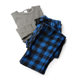 LAPASA Men's Fleece Pajama Set Top Bottom Pants Plaid Shirt Long Sleeves Sleepwear Pocket Lounge Nightwear PJ Warm Cozy M129 Medium (Cotton Top+fleece Bottom) Heather Gray + Blue Black