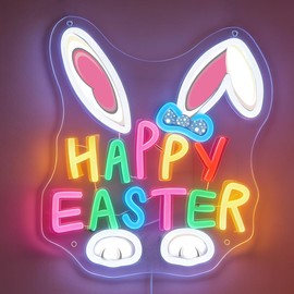 Happy Easter Neon Sign LED Easter Bunny Neon Lights USB Powered for Wall Decor Spring Party Bedroom Easter Decorations for Home Indoor Window Front Yard
