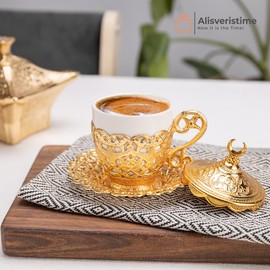 Alisveristime (1 Pc Turkish Coffee Cup - Traditional Design with Crescent Motif, Porcelain Cup and Saucer for Turkish, Greek, Arabic Coffee and Espresso (Gelincik) (Gold)