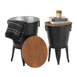 Rustic Storage Farmhouse Accent Side Table, Antique Galvanized Metal End Coffee Cocktail Table Box Bin with Round Wooden Lid Set of 2 (Black)