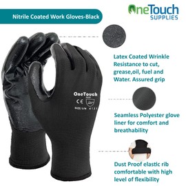 A406 12 Pair Black Nitrile Coated Gloves Work Gloves Nylon Safety Work Gloves Garden Gloves Builders Gloves Mens Gardening (Medium)